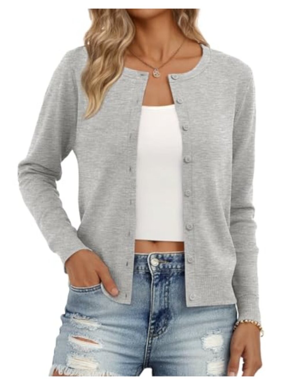 Lightweight Knit Cardigan Button Crew Neck Long Sleeve Relaxed Fit